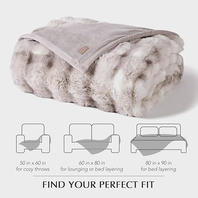 EVERGRACE Ultra Soft Luxury Fluffy Ridgeline Faux Rabbit Fur Throw Blanket, Thick Warm Bubble Throw for Bed, Cozy Plush Reversible Blankets for Couch, Chair, Sofa, Light Grey, 80x90 Inches, 870 GSM