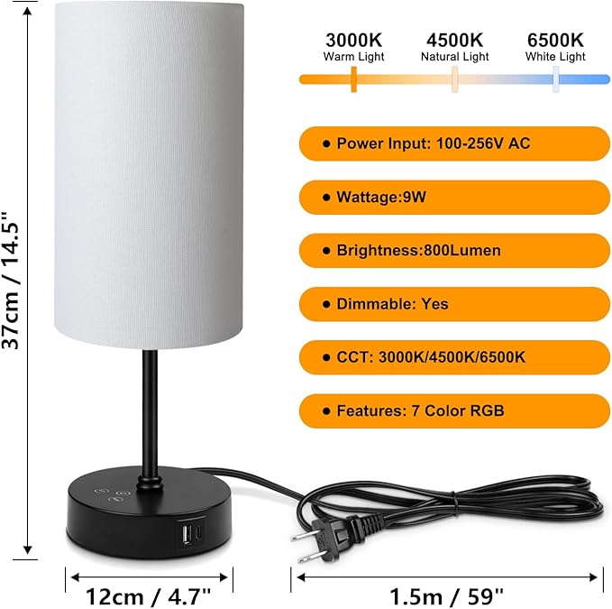 Ascher RGB Table Lamp Color Changing - 3 Color Temperatures and Stepless Dimmable Small Bedside Lamp for Bedroom, Touch Control Nightstand Light with White Shade for Reading Home Decor Lights
