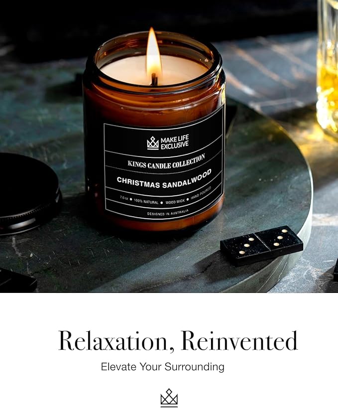 Scented Candles for Men | Christmas Sandalwood | Wooden Wick, Long Lasting, Masculine Scents | Natural Soy Jar Candle for Home, Bacehlor Pad Decor | The Perfect Mens Gift