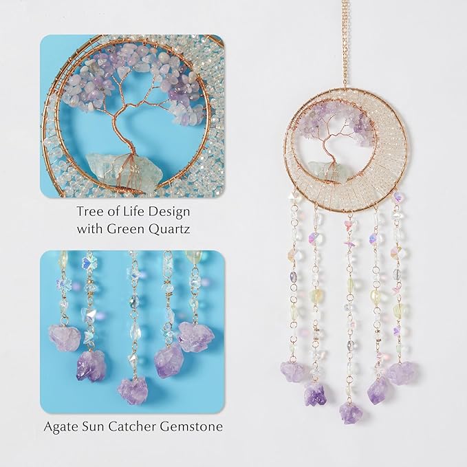 Green Quartz Gemstone Dream Catcher Tree of Life Chakra Dream Catchers with Healing Crystal Stones Handmade Dreamcatcher Sun Catcher Wall Decor for Boys Girls,Bedroom,Wedding,Garden,Bless Gift