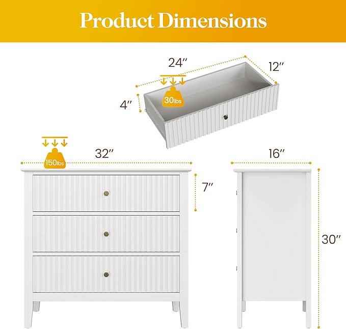 Large White Fluted 3 Drawer Dresser Set of 2, Chest of Drawers with Ball Bearing Slide Modern 30 inch Tall Wood Nightstand with Spacious Storage for Bedroom Hallway Living Room Entryway