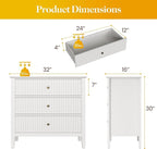 Large White Fluted 3 Drawer Dresser Set of 2, Chest of Drawers with Ball Bearing Slide Modern 30 inch Tall Wood Nightstand with Spacious Storage for Bedroom Hallway Living Room Entryway