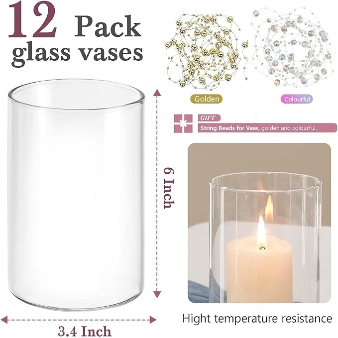 12pcs Glass Vase Cylinder Vases for Centerpieces Small Flower Glass Clear Vases Home Decor Centerpiece Table Flower Vase Decorations for Home＆Wedding Decoration 6 Inch Tall