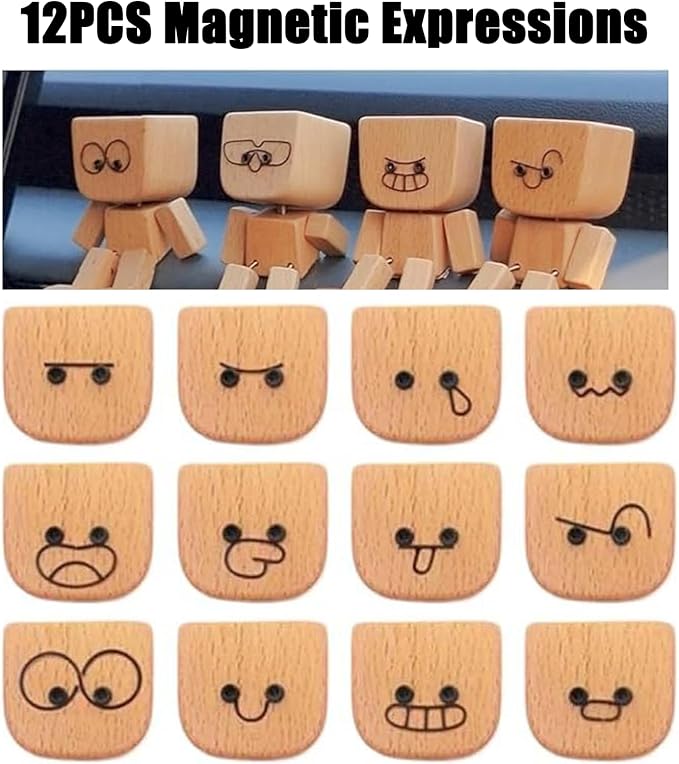 Shaking Wooden Man Figurine, Shaking feet Wooden Doll, Shake Your Feet Happily Wood Toy, Handmade Car Dashboard Decorations, with 12PCS Magnetic Expressions