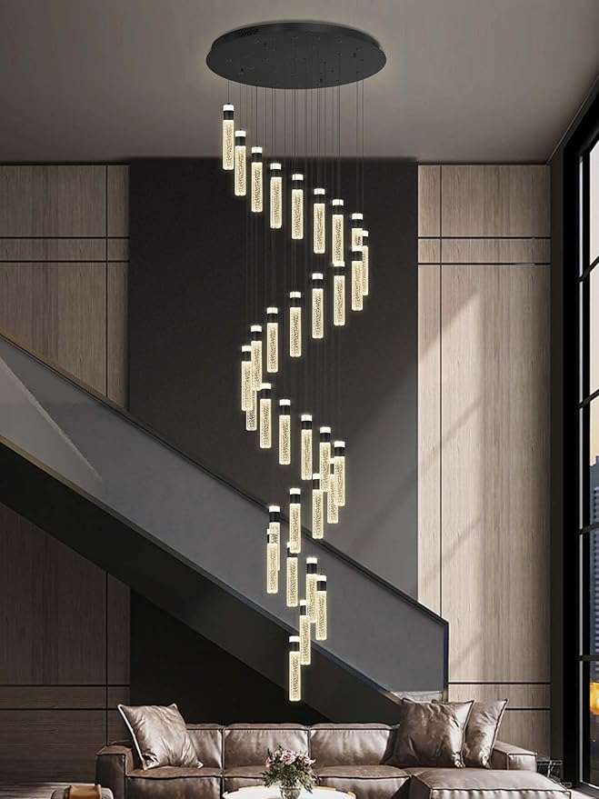 Large Crystal Chandeliers for High Ceiling H150inch Large Spiral Crystal Column Chandelier Lighting for Foyer Entrance 32-Light Black