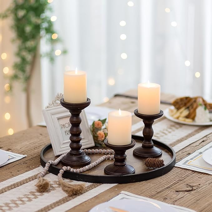 Romadedi Wood Candle Holders for Pillar - Set of 3 Tall Rustic Vintage Wooden Candlestick Holder, Farmhouse Candle Stand for Fireplace Mantle Shelf Table Retro Home Decor, Dark Brown, 3.9"/6"/ 8.3"