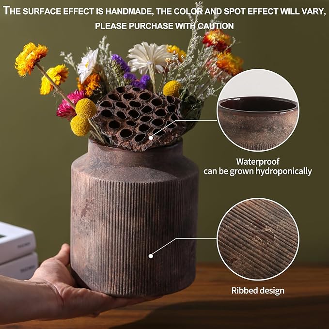 Farmhouse Vase for Home Decor, Vintage Rustic Terracotta Flower Vase Suitable for Home Decor, Living Room, Shelf, Dining Table. 7IN （Red Rust Color）