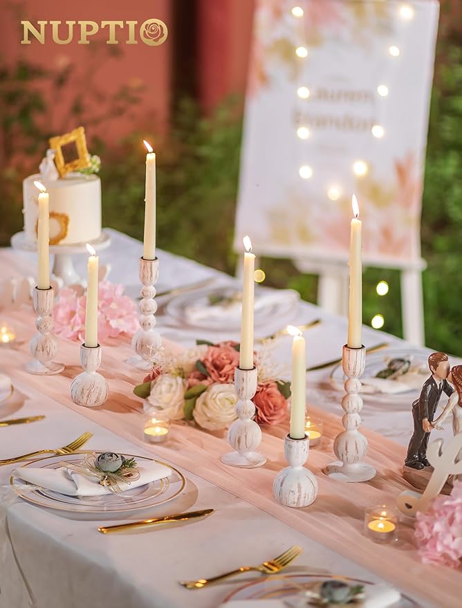 NUPTIO Taper Candle Holders Decor: Set of 3 Wooden Candlestick Holders Mantel Decor - Boho Farmhouse Rustic White