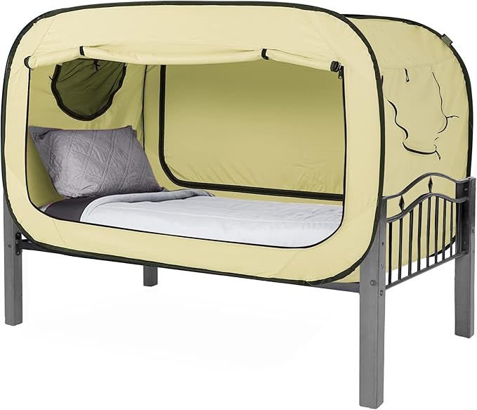 Bed Tent Twin Bed Canopy Portable Dream Tent for Adult Indoor Sleeping Tents with 2 Doors Breathable Private Space Tents, Pale Yellow