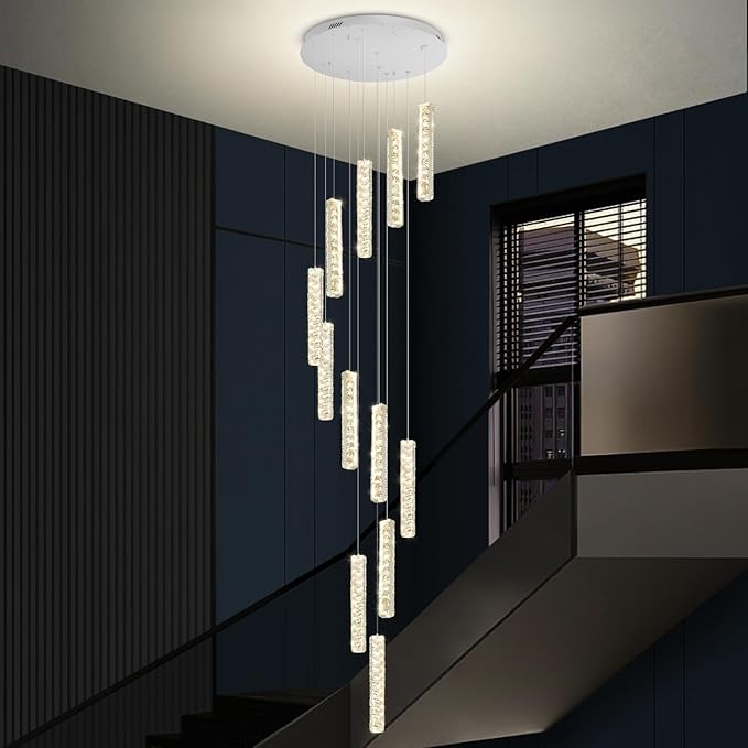 Long Spiral Crystal Chandelier Lighting for Foyer Silver 12-Light Staircase Chandelier High Ceiling Slopped LED Dimmable 2700K-6000K