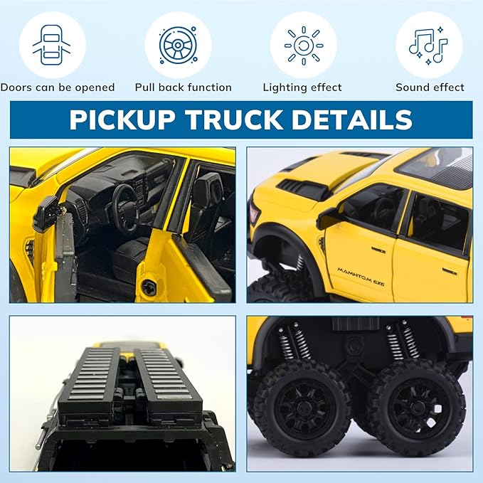 Pickup Truck Toy 1/24 Diecast Trucks Mammoth Model Car Kits,Metal Toy Truck Suitable for Kids and Car Collection,Pull Back Cars with Light and Sound,Trucks for Kids Ages 4-8（Yellow）