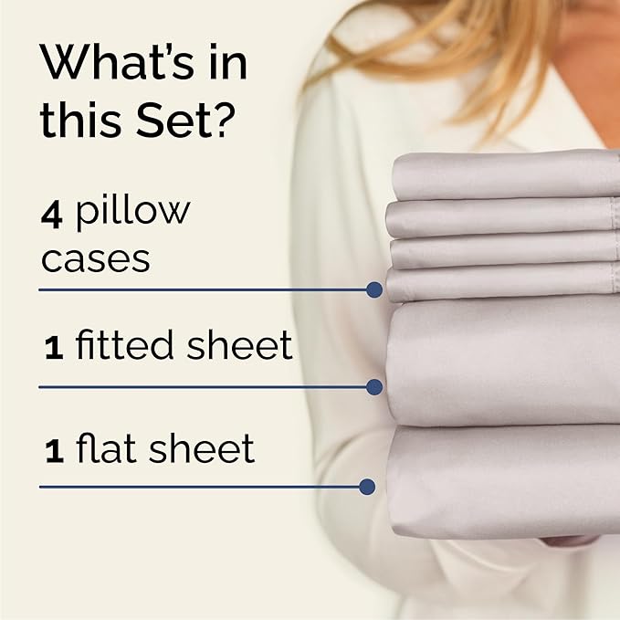 Queen Sheets Set 6 Piece - Includes 4 Pillowcases - Bed Sheets Queen Size - Soft Hotel Luxury Bedding - Cooling, Comfy and Breathable - 1 Flat & 1 Fitted & 4 Pillowcases w/ Deep Pockets - Light Grey