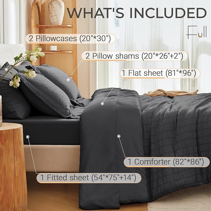 MUXHOMO 7 Pieces Full Comforter Set, Seersucker Bed in a Bag Full Size, All Season Luxury Bedding Set with Comforter, Flat Sheet, Fitted Sheet, Pillowcases & Shams, Dark Grey