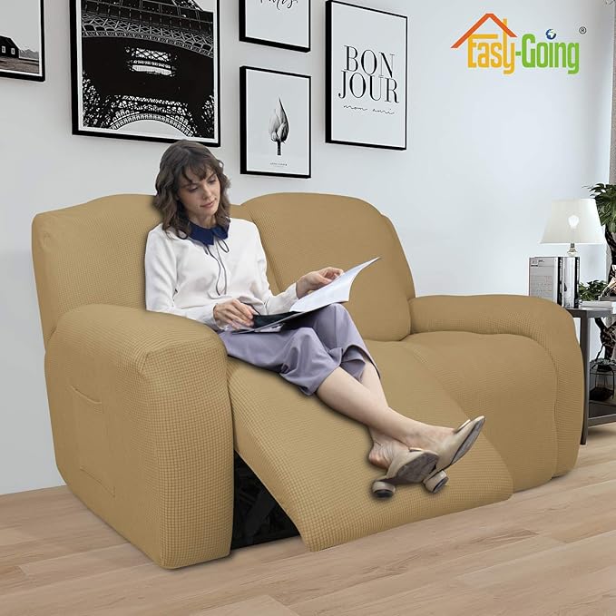 Easy-Going 6 Pieces Recliner Loveseat Stretch Sofa Slipcover Sofa Cover Furniture Protector Couch Soft with Elastic Bottom Kids, Spandex Jacquard Fabric Small Checks Golden