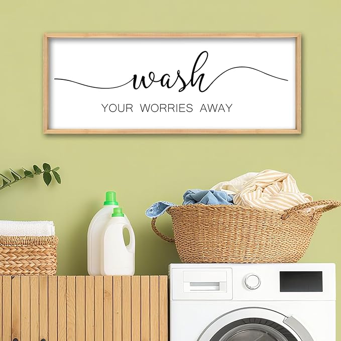 ZZJJHYWGQ Wash Your Worries Away Bathroom Wall Decor 32x12 Inch Laundry Room Funny Large Sign Wooden Framed Wall Hanging Art (Wood)