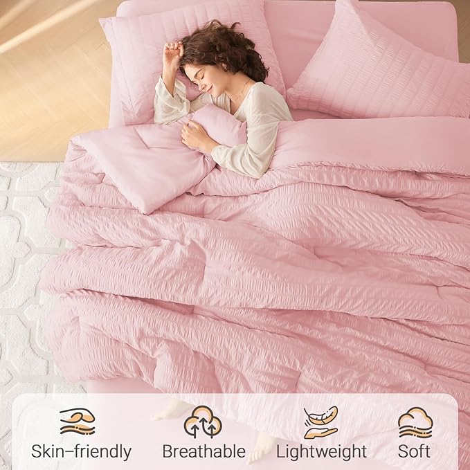 MUXHOMO 7 Pieces California King Comforter Set, Seersucker Bed in a Bag Cal King Size, All Season Luxury Bedding Set with Comforter, Flat Sheet, Fitted Sheet, Pillowcases & Shams, Pink