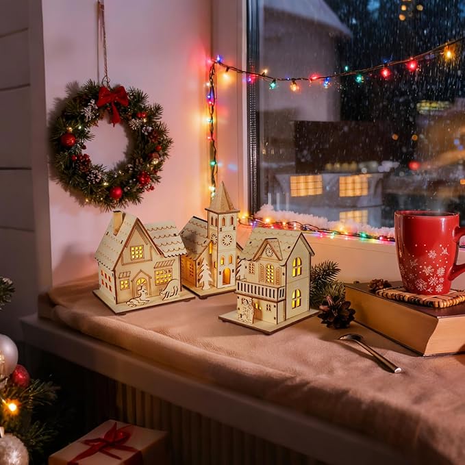 BESPORTBLE Wooden Christmas Village Houses Set of 3 - LED Light Up Mini Houses for Holiday Decor, 2025 New Rustic Farmhouse Christmas Decorations, Indoor Tabletop Decor for Home, Office, Mantel