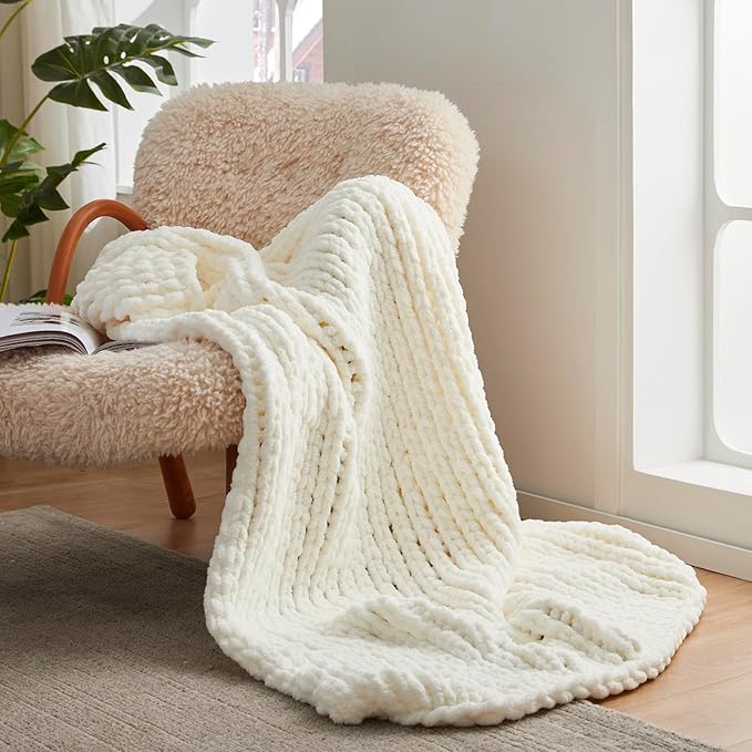Amélie Home Chunky Knit Throw Blanket for Couch, Soft Chenille Crochet Blanket for Children, 40"x50", Ivory