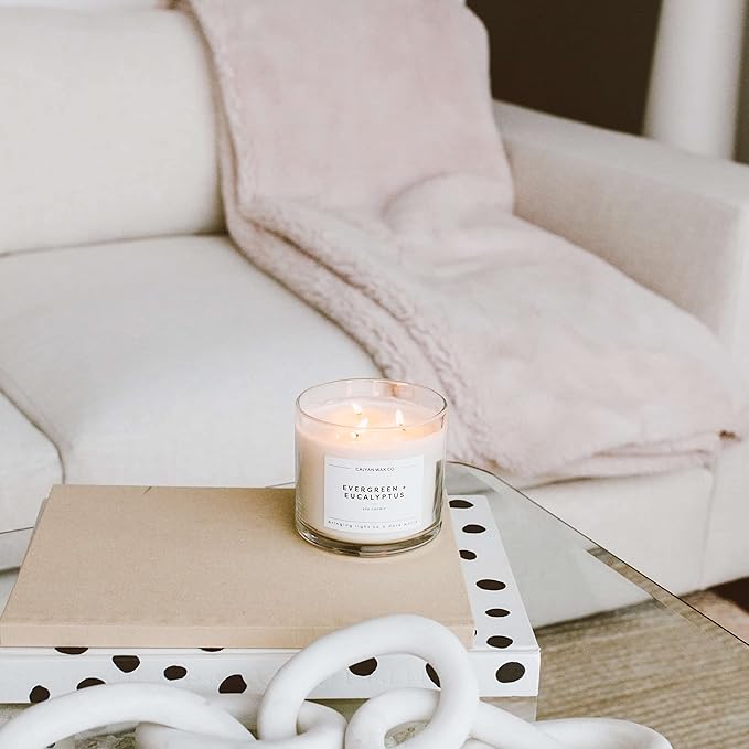 Calyan Wax Co. 3 Wick Candle, Evergreen + Eucalyptus Scented Candle, 43 Hour Burn Time, 3 Wick Soy Candles, Non Toxic & Vegan Soy Wax, Glass Jar Scented Candles, 14.9oz