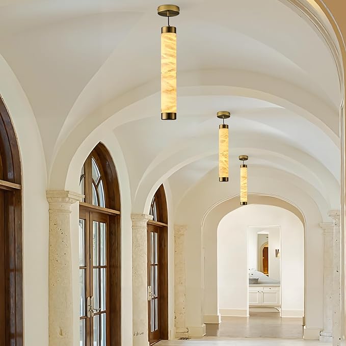 20" Alabaster Pendant Lights, 2PCS Natural Marble Cylinder Brass Pendant Light, Adjustable Modern Ceiling Light Fixtures for Kitchen Island, Dining Room, Bedroom, Living Room, Bathroom