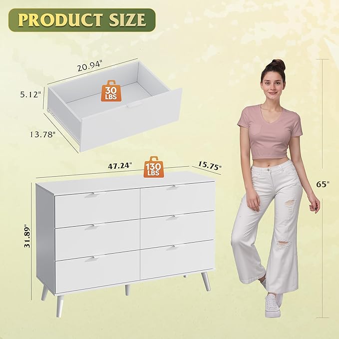 WLIVE 6 Drawer Dresser for Bedroom, 47.24'' Wide Wood White Dresser, Storage Organizer with Sturdy Metal Handle, TV Stand for 55 inch TV, Chest of Drawers for Living Room, Hallway, Closet