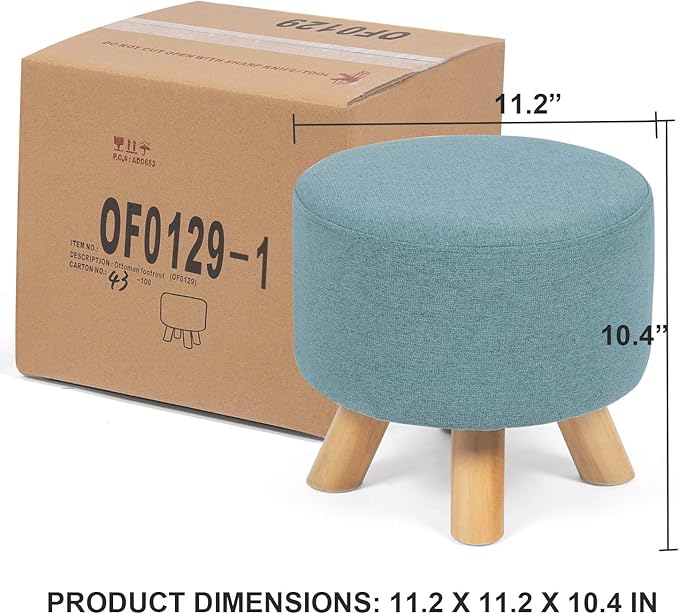 Asense Small Round Ottoman Foot Rest Stool Fabric Padded Seat Footstool Ottoman with Anti-Slip Wooden Legs (Light Blue,Fabric)