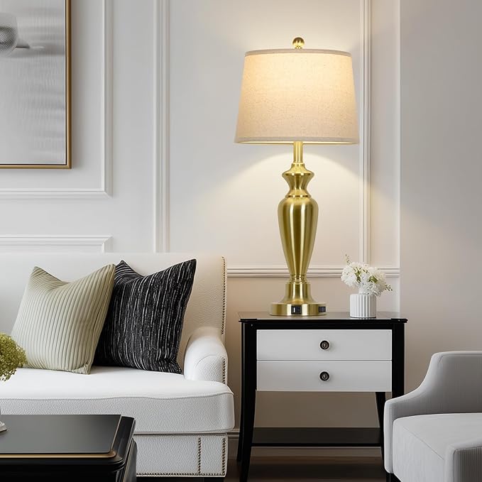 30" Tall Gold Table Lamps Set of 2, Touch Control Bedside Lamp with USB A+C Ports and AC Outlet, 3-Way Dimmable Modern Metal Nightstand Lamp for Bedroom Living Room, 2 LED Bulbs Included