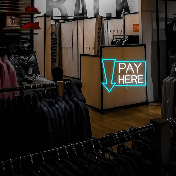 Pay Here Neon Sign Bright Ice Blue White Pay Light Up Sign for Business Decor Dimmable LED Words Neon Light for Restaurant Shop Bar Neon Wall Decor (16.5 * 12.8 In)