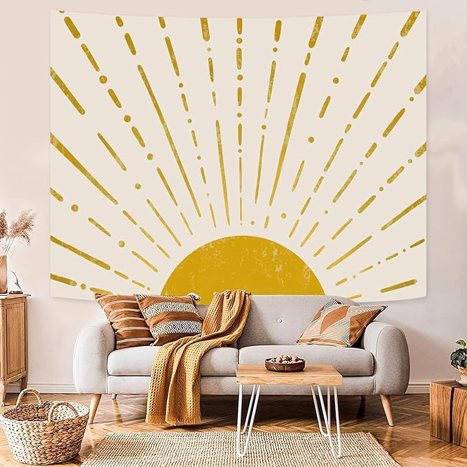 Kanuyee Gold Boho Burning Sun Tapestry Wall Hanging, Retro 70s Abstract Vintage Geometric Line Sunrise Tapestries for Bedroom Living Room Backdrop 44×60 inch