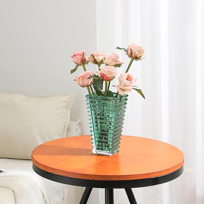 MCMCNCUIU Crystal Vase, Large Crystal Vases for Flowers, Green Large Flower Vase, Modern Glass Vases for Living Room, Bedroom, Kitchen, Dining Table, Mantle, Wedding, 9 Inches