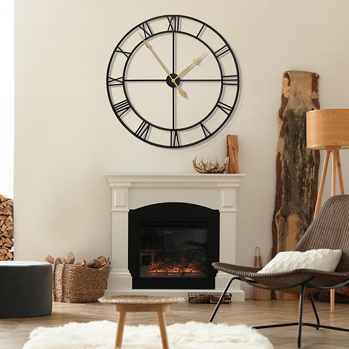 LEIKE 80CM Extra Large Wall Clock - 31" Oversize Modern Black Metal Roman Numeral Nearly Silent Little Ticking Battery Operated Wall Clocks for Living Room, Kitchen,Bedroom Farmhouse Home Decor