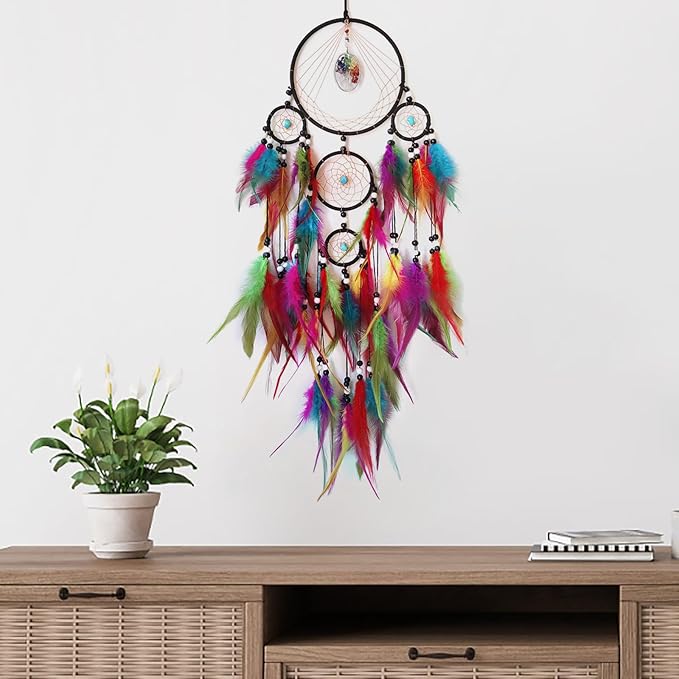 Colorful Large Dream Catcher Wall Decor Feather Dream Catchers with Crystal Tree of Life Pendant Handmade Dreamcatcher Wall Hanging Ornament for Bedroom Living Room Home Decor