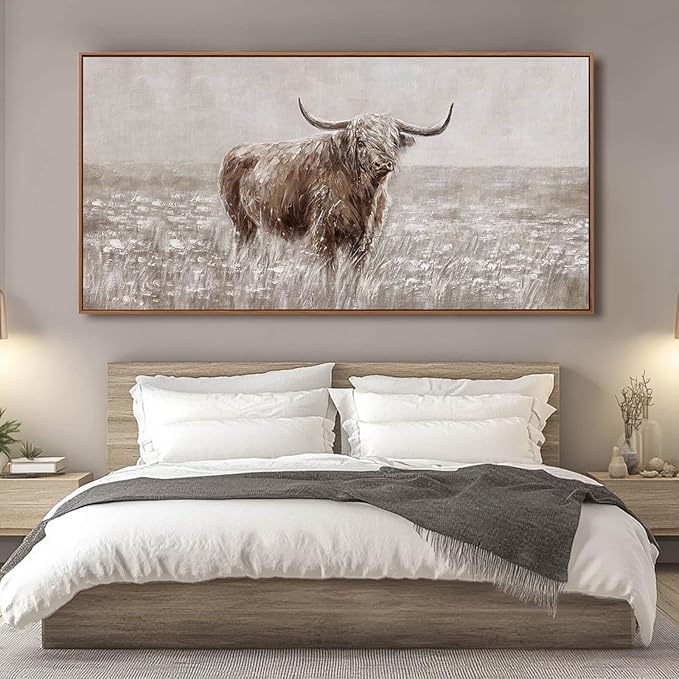 Farmhouse Highland Cow Wall Decor on Canvas with Framed Large Landscape Brown Artwork for Bedroom Living Room Office Decor 29x58 Inch