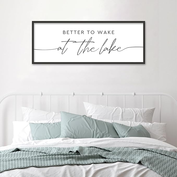 SRSZHIYUE Better To Wake At The Lake Wall Decor Above Bed Sign 32"×12" for Lake House Bedroom Over Bed Large Wood Framed Wall Hanging Art (Black)
