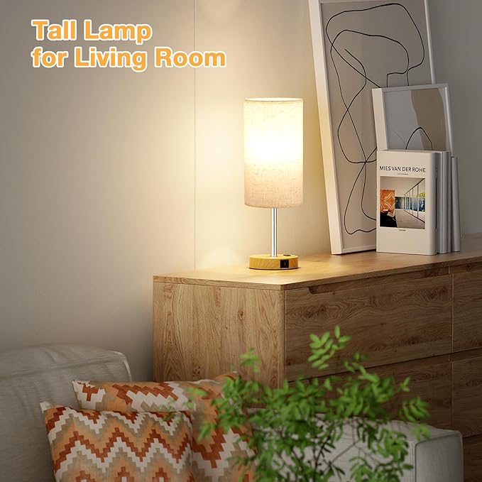 Touch Bedside Table Lamp with USB - 3 Way Dimmable Wood Lamp for Bedroom Nightstand, Desk Lamp with Charging Station for Dorm, Office, Kids Room, Living Room