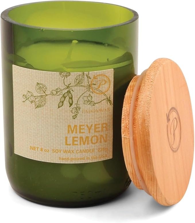 Paddywax Eco Green Collection Soy Wax Blend Candle in Glass Jar, Meyer Lemon Scent, Green Vessel with Wood Lid, 8 oz