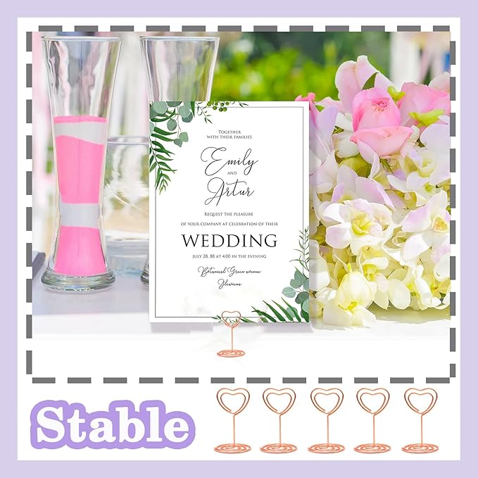 CUNGLIN Table Number Holders Place Card Holder Stand 20 Pack, Gold Heart Shape Holder for Wedding Party Mini Photo Playing Cards Holder Picture Menu Memo Clips