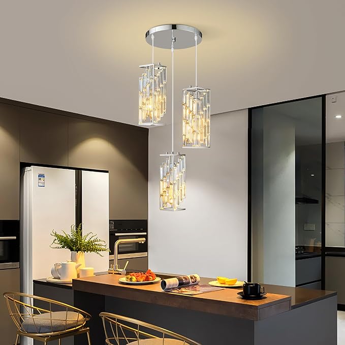 Chrome Pendant Lighting Modern Pendant Light, Mini Crystal Chandeliers,Adjustable Pendant Light Fixture for Kitchen Island Dinning Room Bedroom (3 Light)
