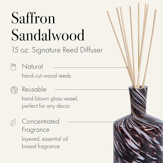 LAFCO New York Signature Reed Diffuser, Saffron Sandalwood - 15 oz - Up to 9 Months Fragrance Life - Reusable, Hand Blown Glass Vessel - Natural Wood Reeds - Made in The USA