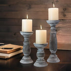 Rustic Wooden Pillar Candle Holders Set of 3, 12'' 9'' 6'' Farmhouse Wood Candle Stand for Table Centerpieces, Vintage Tall Candleholders Fireplace Mantel Decor for Living Room, Grey