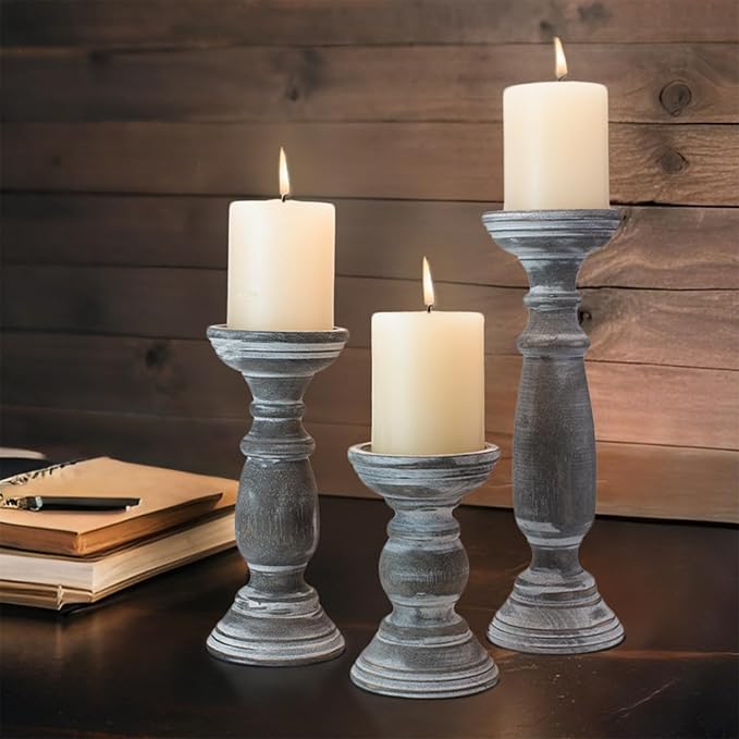 Rustic Wooden Pillar Candle Holders Set of 3, 12'' 9'' 6'' Farmhouse Wood Candle Stand for Table Centerpieces, Vintage Tall Candleholders Fireplace Mantel Decor for Living Room, Grey