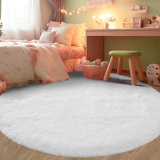 Round Area Rug for Living Room: White Shag Rugs for Bedroom- 8x8 Feet Fluffy Round Rugs for Living Room- Shag White Rugs Soft Plush Indoor Carpets for Bedroom, Nursery, 8ft