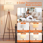 LiteHistory Wood Tripod Floor Lamps for Living Room, Bedroom, and Office,Standing lamp with Beige Linen Shade, 12W Three-Color Bulb Included, Pull Chain Switch, Tall lamp for Mothers Day Gifts, Brown