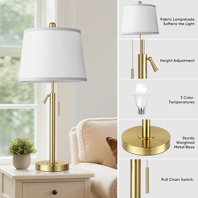 PARTPHONER Bedside Lamps Set of 2, Tall Table Lamps for Living Room, Height Adjustable Nightstand Lamps for Bedroom Office, Modern End Table Lamps with Pull Chain(LED Bulbs Included), Gold