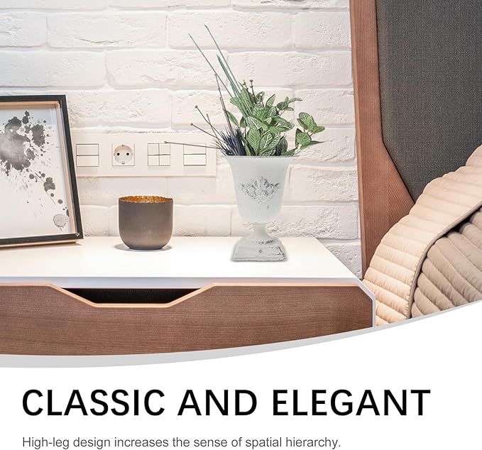 POPETPOP Tall Urn Vase Retro White Metal Urn Planter Pedestal Flower Pot Rustic Farmhouse Flower Holder for French Country Style Home Table Centerpiece Decor，5.9x5.9x7.47 inches