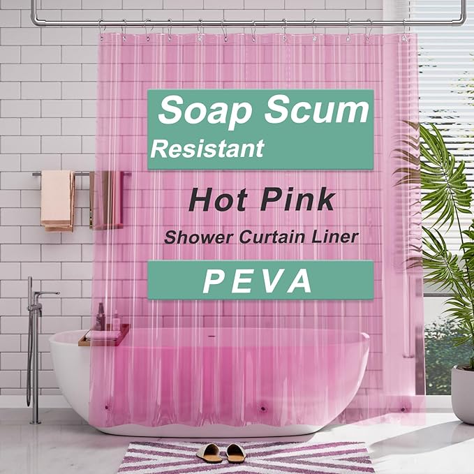 AmazerBath Shower Curtain Liner, 72x72 Transparent Hot Pink Shower Liner, Lightweight Plastic Shower Curtain Liners, Cute Waterproof Shower Liner for Bathroom with 3 Magnets & 12 Grommet Holes