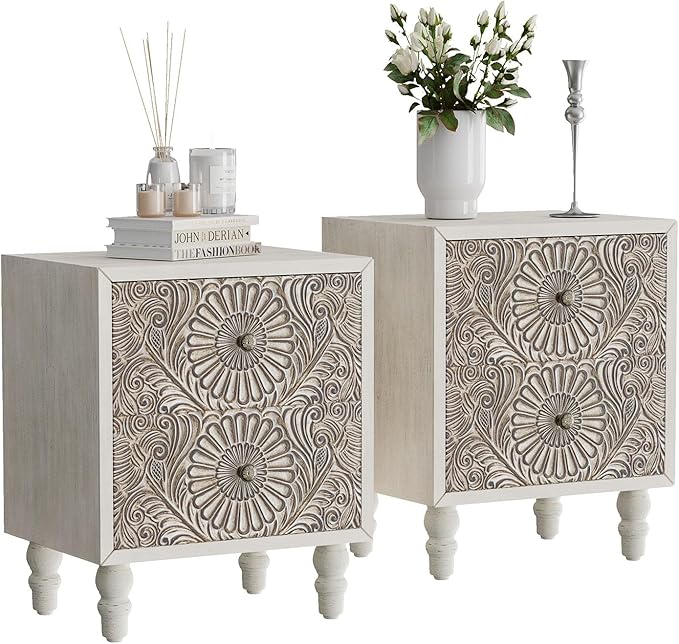 HOMPUS Fully Assembled Nightstand Set 2, 2-Drawer Farmhouse Nightstand Set of 2, Wood Bedside Table with 2 Drawers, Vintage Accent End Table for Living Room, Bedroom, Distress White