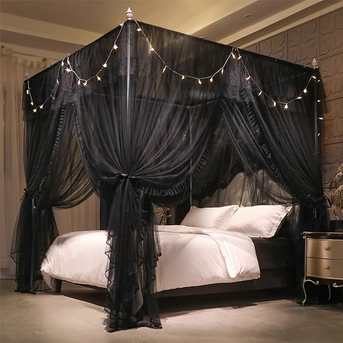 VETHIN 4 Corners Post Ruffle Princess Bed Canopy Curtain-Double Layer Cozy Drape Netting 4 Opening Mosquito Net for Girls Adults Bedroom Decoration (Double-Black,78" W*86" L*82"*H/King)