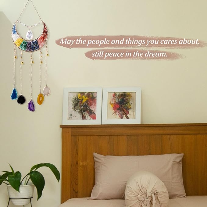 Agate Gemstone Dream Catcher 7 Chakra Tree of Life Dream Catcher with Rainbow Crystal Stones Handmade Dreamcatcher Wall Decor for Adults Boys Girls,Bedroom,Wedding,Garden,Bless Gift(Inverted Moon)