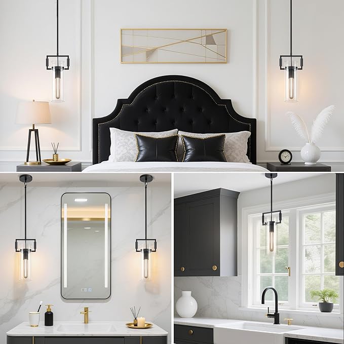 Modern Black Knurled Kitchen Island Pendant Lights 2 Pack,12'' Glass Island Pendant Light,Farmhouses Pendant Light, for Kitchen,Dining Room,Bathroom,Bulbs Included